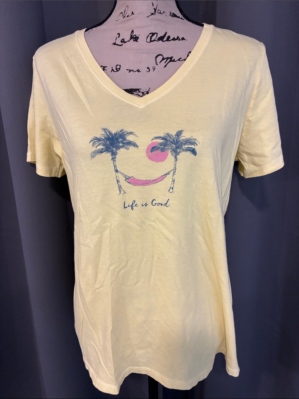 Life Is Good Pale Yellow V-Neck Tee with Palm Hammock Graphic